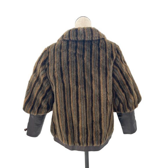 50s 60s Striped Faux Fur & Leather Criss Cross Cuff Puffed Sleeve Formal Coat - Picture 4 of 9